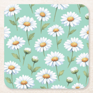 Watercolor daisies on square paper coaster