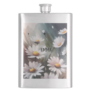 Watercolor Daisies Pattern Custom Name Hip Flask
