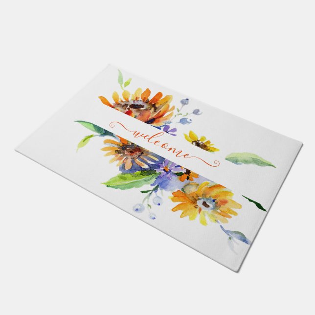 Watercolor daisies personalised  doormat (Angled)