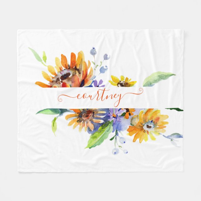 Watercolor daisies personalised  fleece blanket (Front (Horizontal))