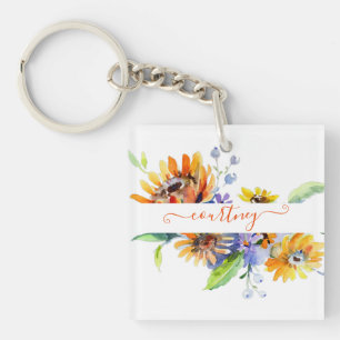 Watercolor daisies personalised key ring
