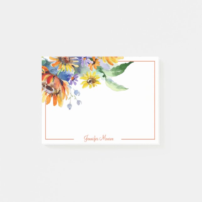 Watercolor daisies personalised post-it notes (Front)