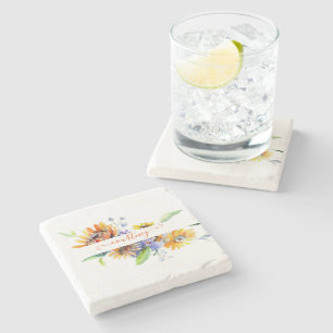 Watercolor daisies personalised stone coaster
