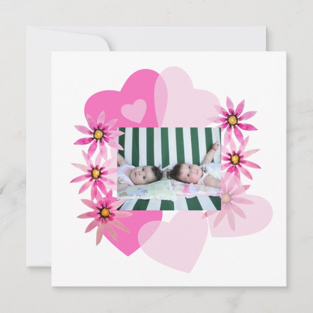 Watercolor Daisies Pink Hearts Photo Twins (Front)