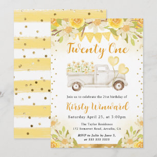 Watercolor Daisies Truck and Flowers 21st Birthday Invitation