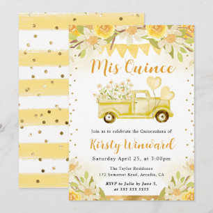 Watercolor Daisies Truck and Flowers Quinceanera Invitation