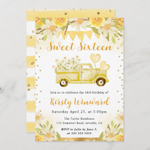 Watercolor Daisies Truck and Flowers Sweet Sixteen Invitation