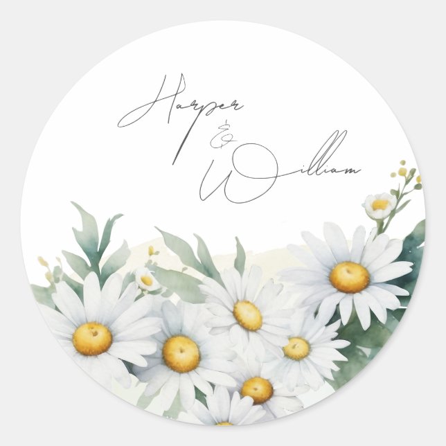 Watercolor daisies wedding classic round sticker (Front)