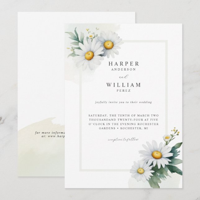 Watercolor daisies wedding invitation (Front/Back)