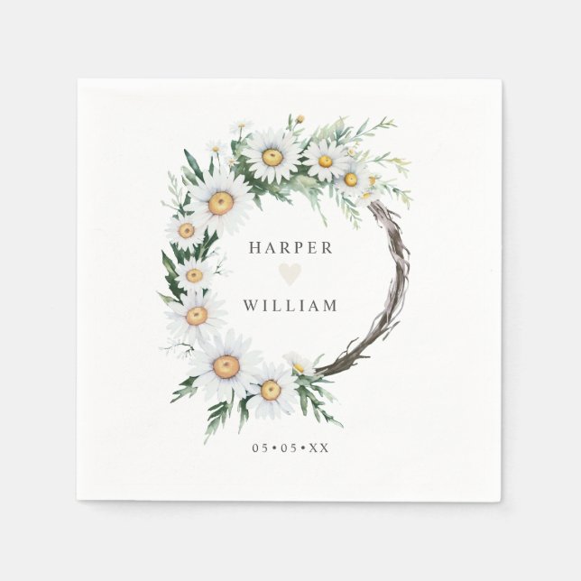 Watercolor Daisies wreath wedding Napkin (Front)