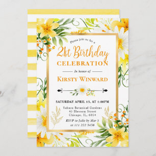 Watercolor Daisies & Yellow Flowers 21st Birthday Invitation