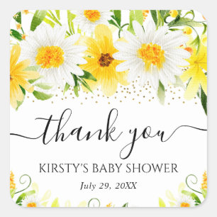 Watercolor Daisies & Yellow Flowers Baby Shower Square Sticker