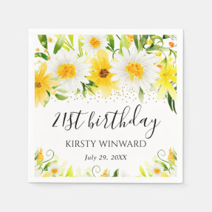 Watercolor Daisies & Yellow Flowers Birthday Napkin