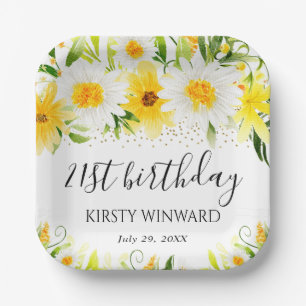 Watercolor Daisies & Yellow Flowers Birthday Paper Plate