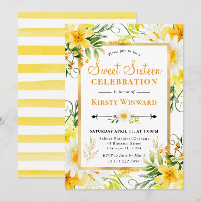 Watercolor Daisies & Yellow Flowers Sweet 16 Invitation (Front/Back)