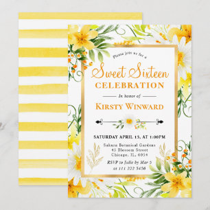 Watercolor Daisies & Yellow Flowers Sweet 16 Invitation