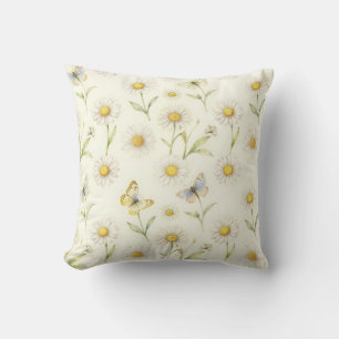 Watercolor Daisy and Butterfly Meadow Pattern Cushion