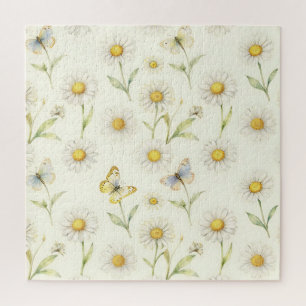 Watercolor Daisy and Butterfly Meadow Pattern Jigsaw Puzzle