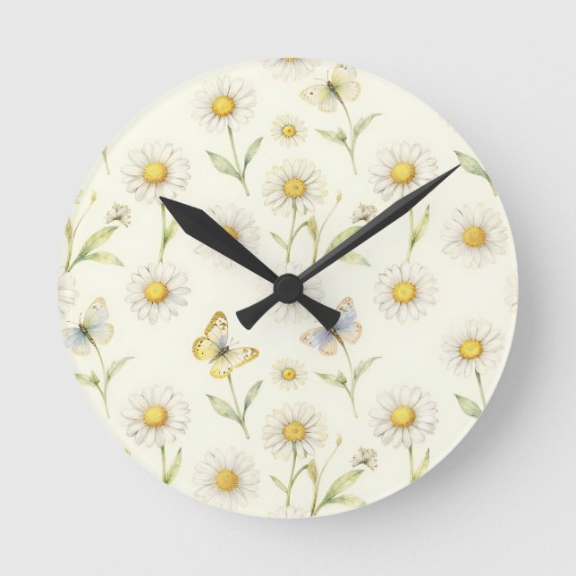 Watercolor Daisy and Butterfly Meadow Pattern Round Clock (Front)