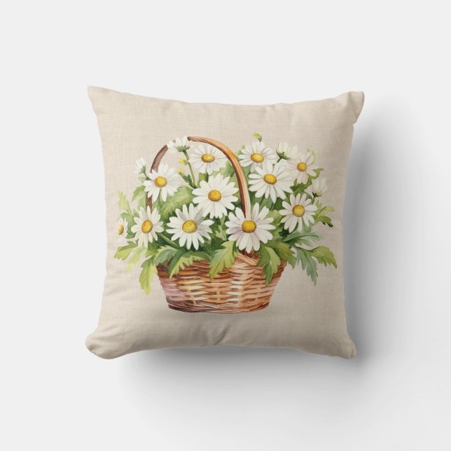 Watercolor Daisy Bouquet In Basket Cushion (Front)