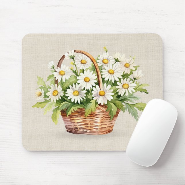 Watercolor Daisy Bouquet In Basket Mouse Mat (With Mouse)