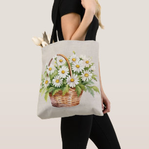 Watercolor Daisy Bouquet In Basket Tote Bag
