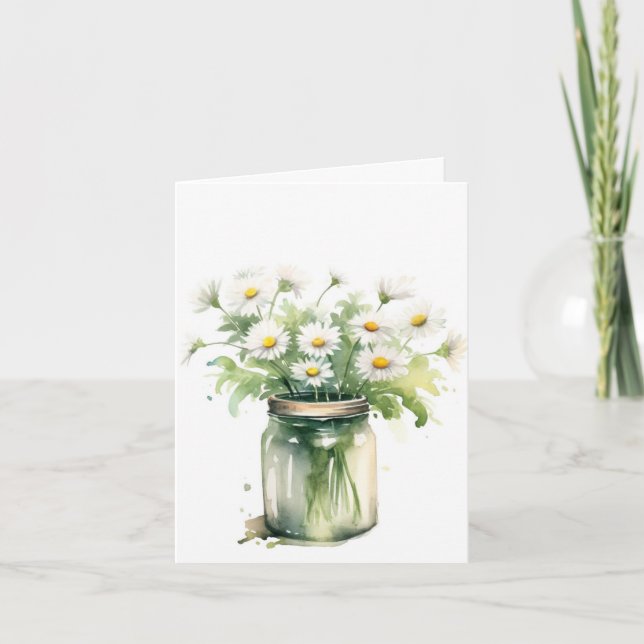 Watercolor Daisy Bouquet In Mason Jar Card (Front)