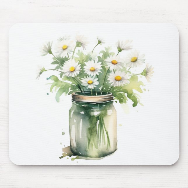 Watercolor Daisy Bouquet In Mason Jar Mouse Mat (Front)