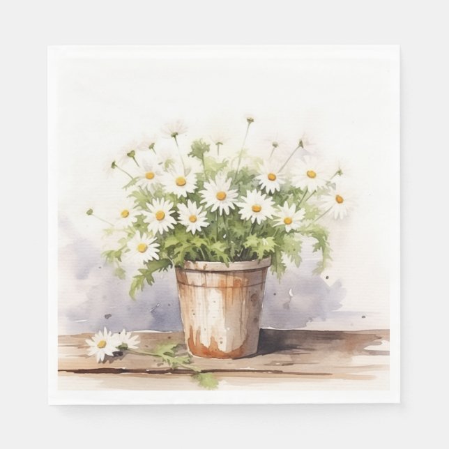 Watercolor Daisy Bouquet In Pot Napkin (Front)