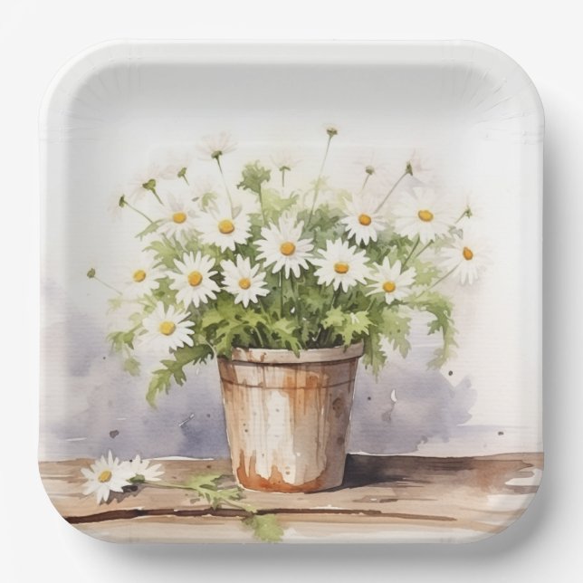 Watercolor Daisy Bouquet In Pot Paper Plate (Front)
