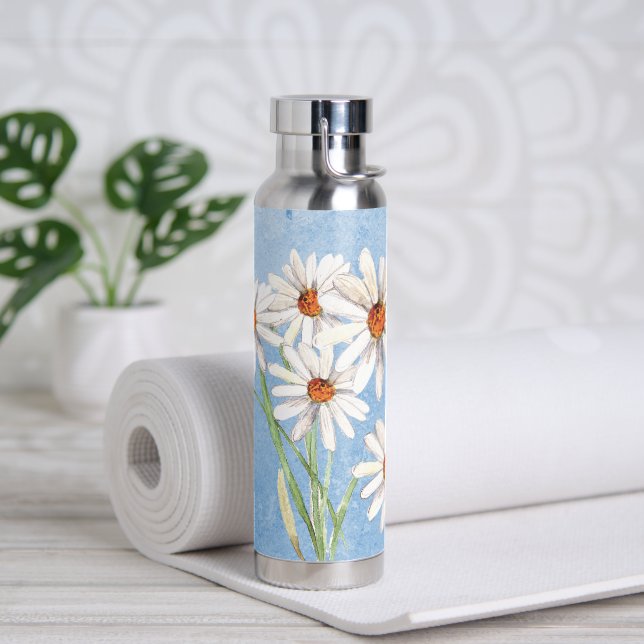 Watercolor Daisy Bouquet On Blue Water Bottle (Yoga)