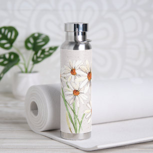 Watercolor Daisy Bouquet On Terrazzo Water Bottle
