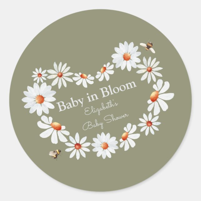 Watercolor Daisy & Bumble Bee Baby Shower   Classic Round Sticker (Front)