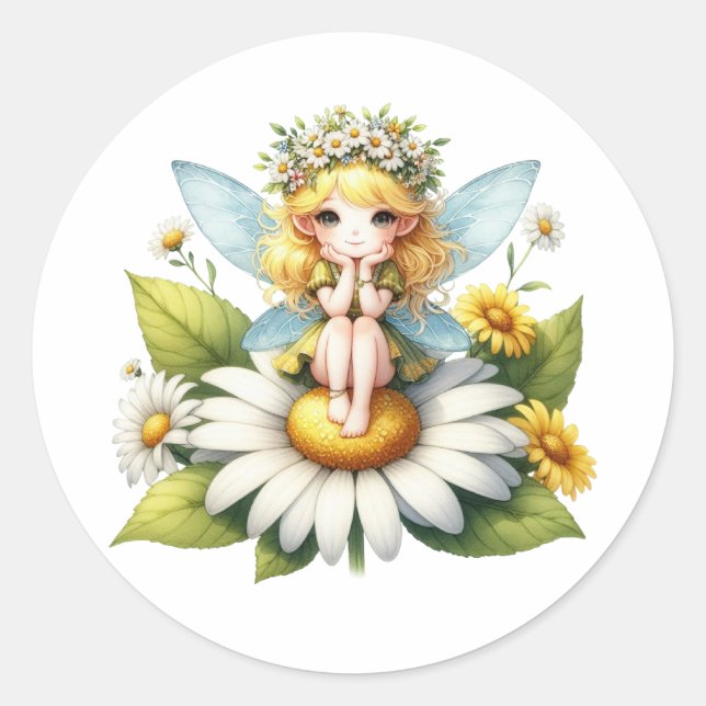 Watercolor Daisy Fairy Classic Round Sticker (Front)