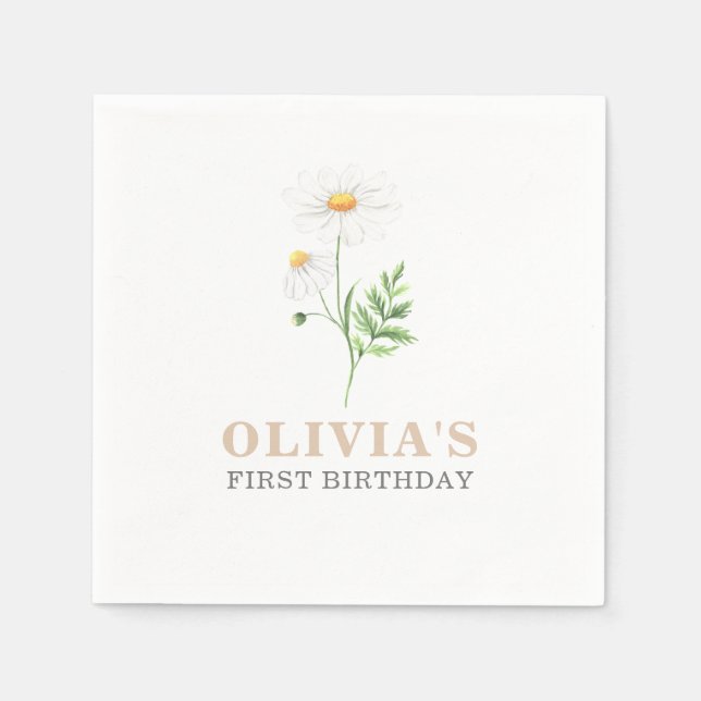 Watercolor Daisy First Birthday Napkins (Front)