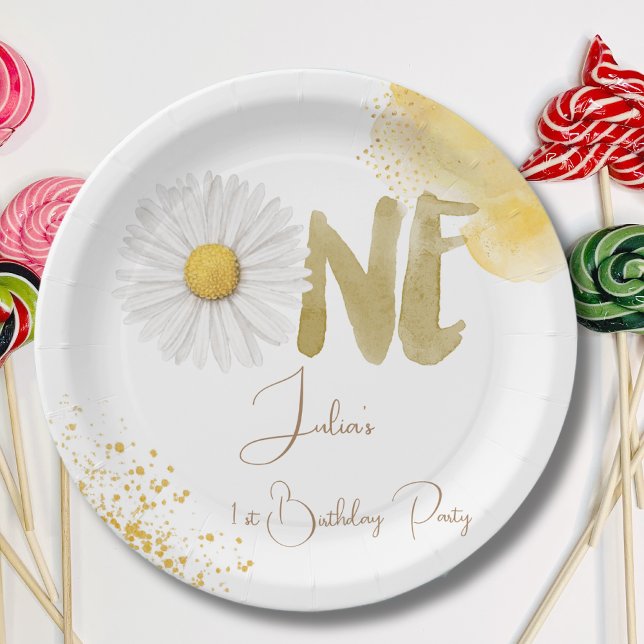 Watercolor daisy first Birthday Paper Plate (Creator Uploaded)