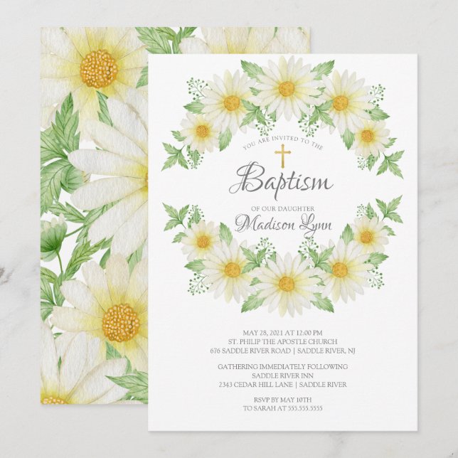 Watercolor Daisy Floral Baptism Invitation (Front/Back)