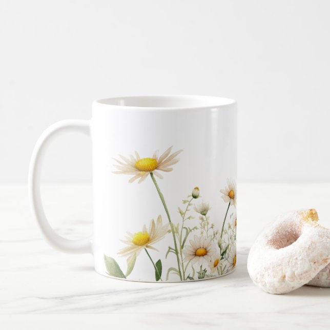 Watercolor Daisy Flower  Coffee Mug (With Donut)