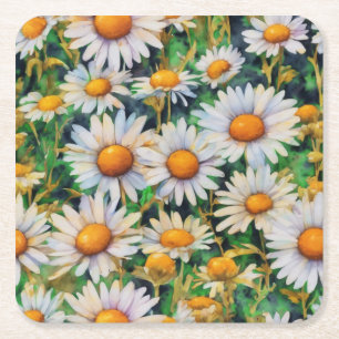 Watercolor Daisy Flowers Garden Square Paper Coaster