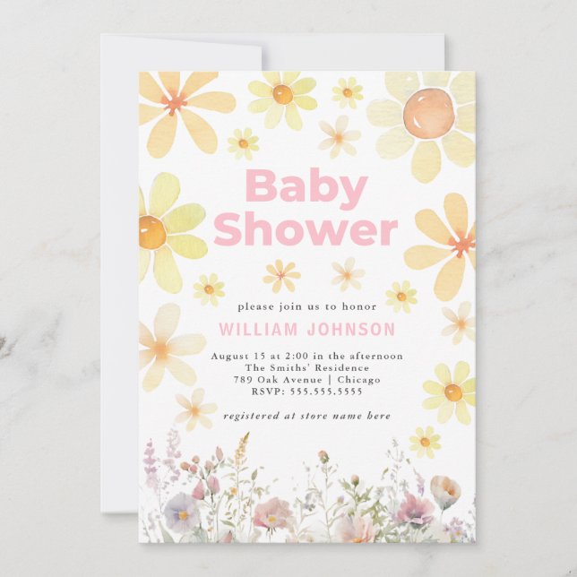 Watercolor Daisy Girl Pink Baby Shower Invitation (Front)
