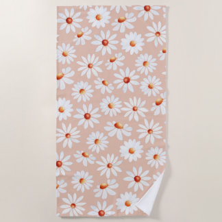 Watercolor Daisy Pattern Pink Blush Background  Beach Towel