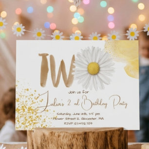 Watercolor daisy second Birthday Invitation