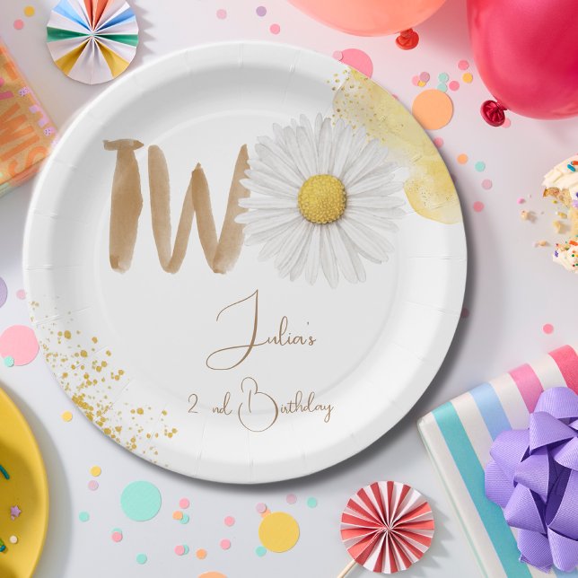 Watercolor daisy second Birthday Paper Plate (Creator Uploaded)
