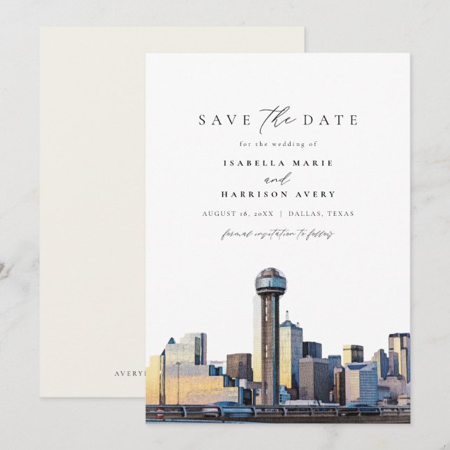 Watercolor Dallas Texas Skyline Save the Date Invitation (Front/Back)