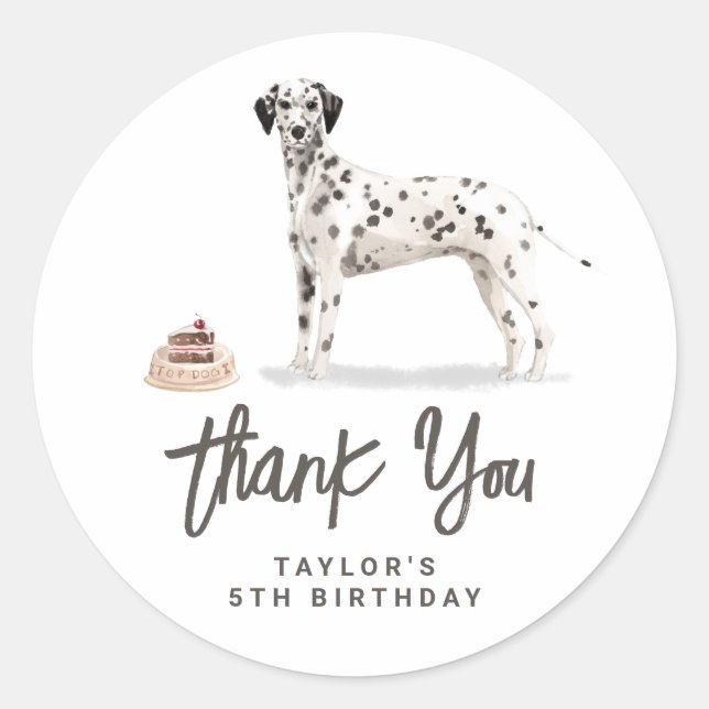 Watercolor Dalmatian Dog Birthday Thank You Classic Round Sticker (Front)