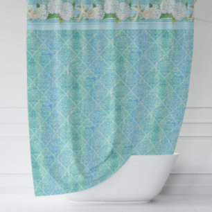 Watercolor Damask Beach Starfish Shell Hydrangeas Shower Curtain