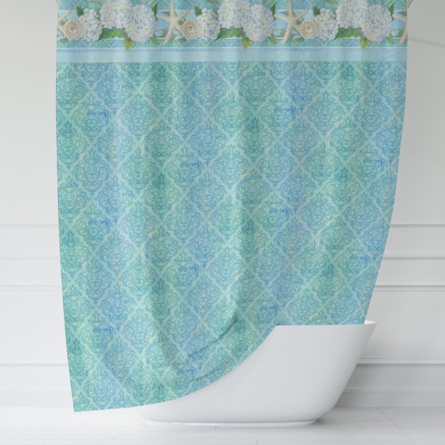 Watercolor Damask Beach Starfish Shell Hydrangeas Shower Curtain (Creator Uploaded)