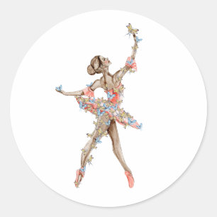 Watercolor dancing ballerina with butterfly classic round sticker