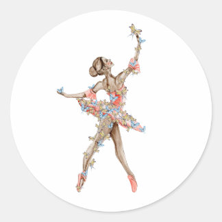 Watercolor dancing ballerina with butterfly classic round sticker