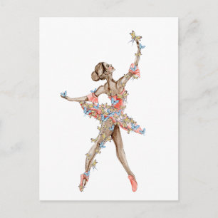 Watercolor dancing ballerina with butterfly postcard